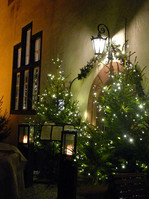 Beleuchtete Schloss-Schänke mit geschmückten Weihnachtsbäumen im Eingangsbereich. (Foto: Wittgenstein-Berleburg'sche Rentkammer)