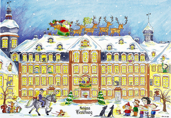 Der Adventskalender von Carina Axelsson zeigt das bunte Bad Berleburger Schloss in der Weihnachtszeit. In den 24 Fenstern warten einige Überraschungen. (SZ-Foto: Björn Weyand)